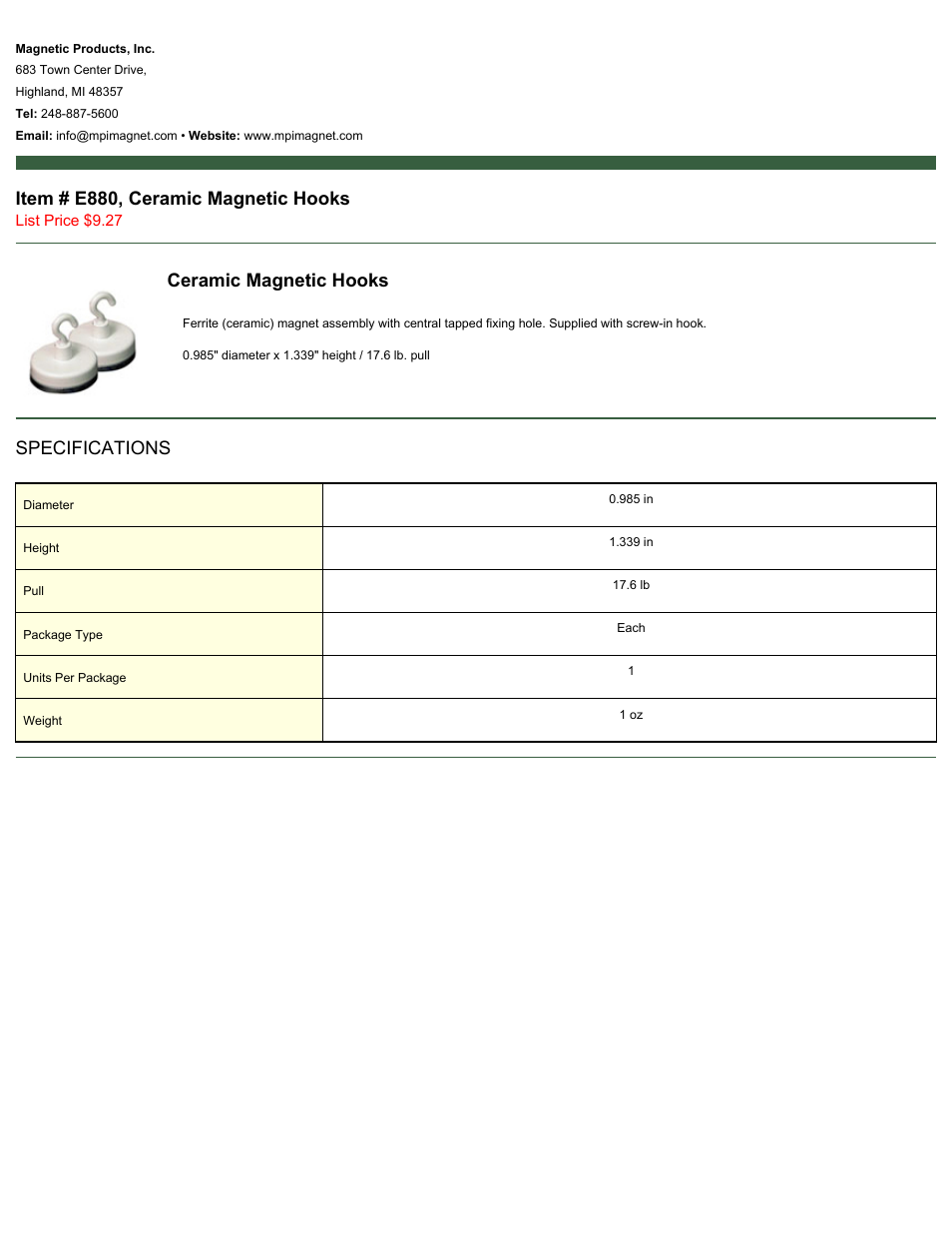 Magnetic Products E880 User Manual | 1 page
