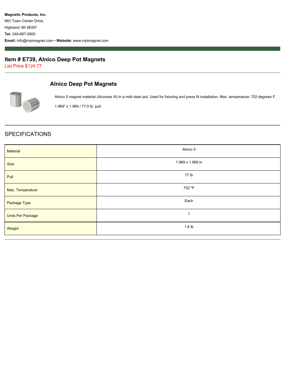 Magnetic Products E739 User Manual | 1 page