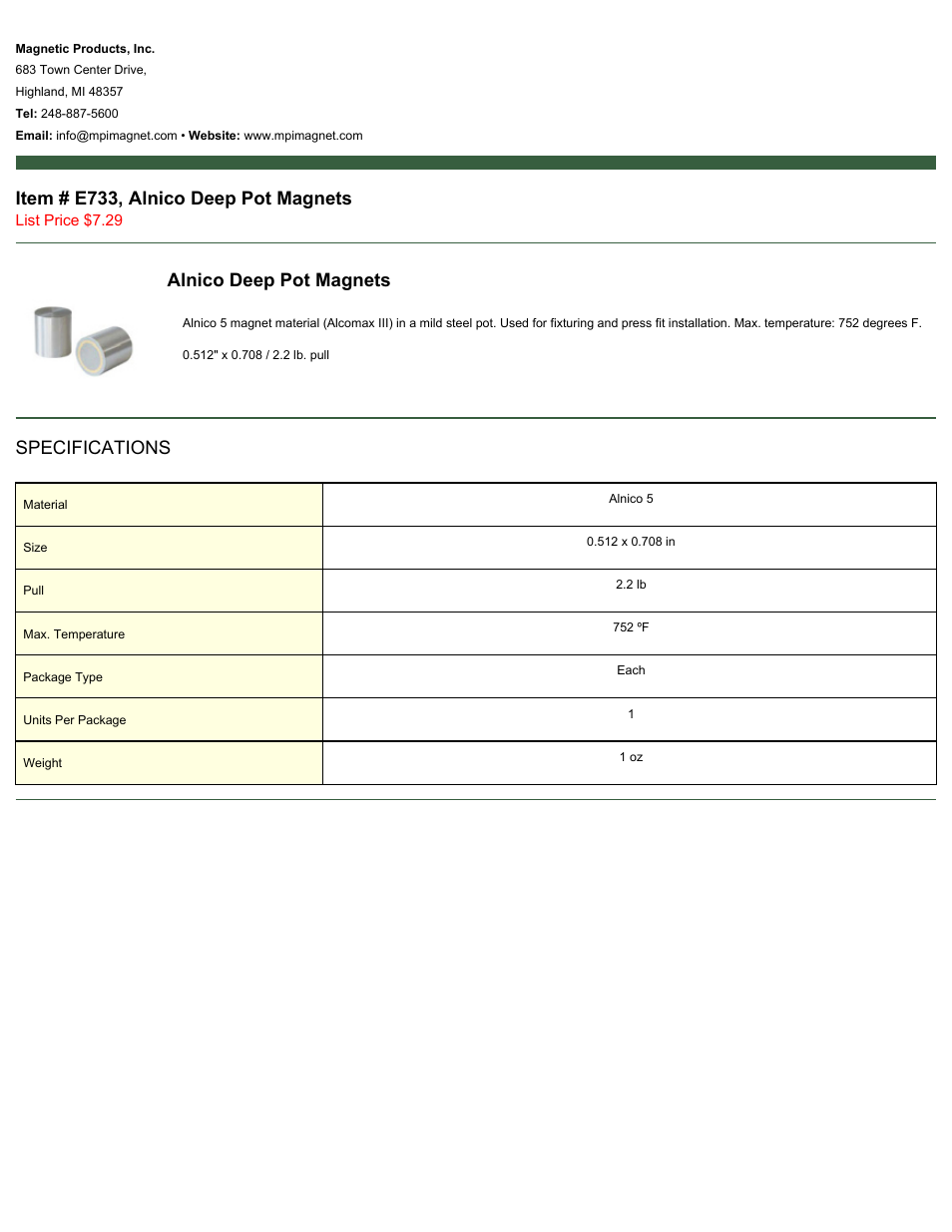 Magnetic Products E733 User Manual | 1 page