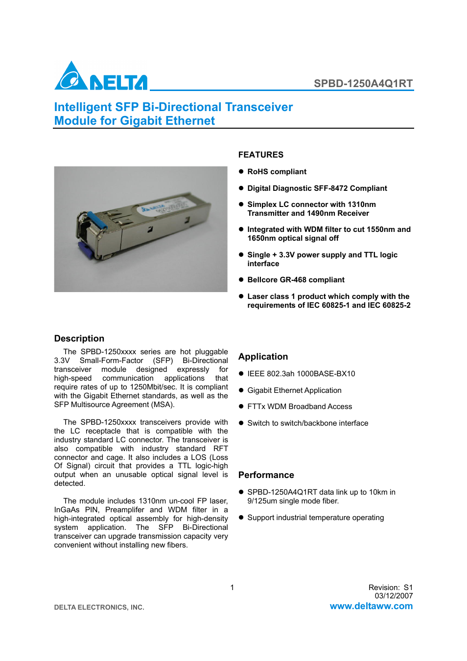 Delta Electronics SPBD-1250A4Q1RT User Manual | 10 pages