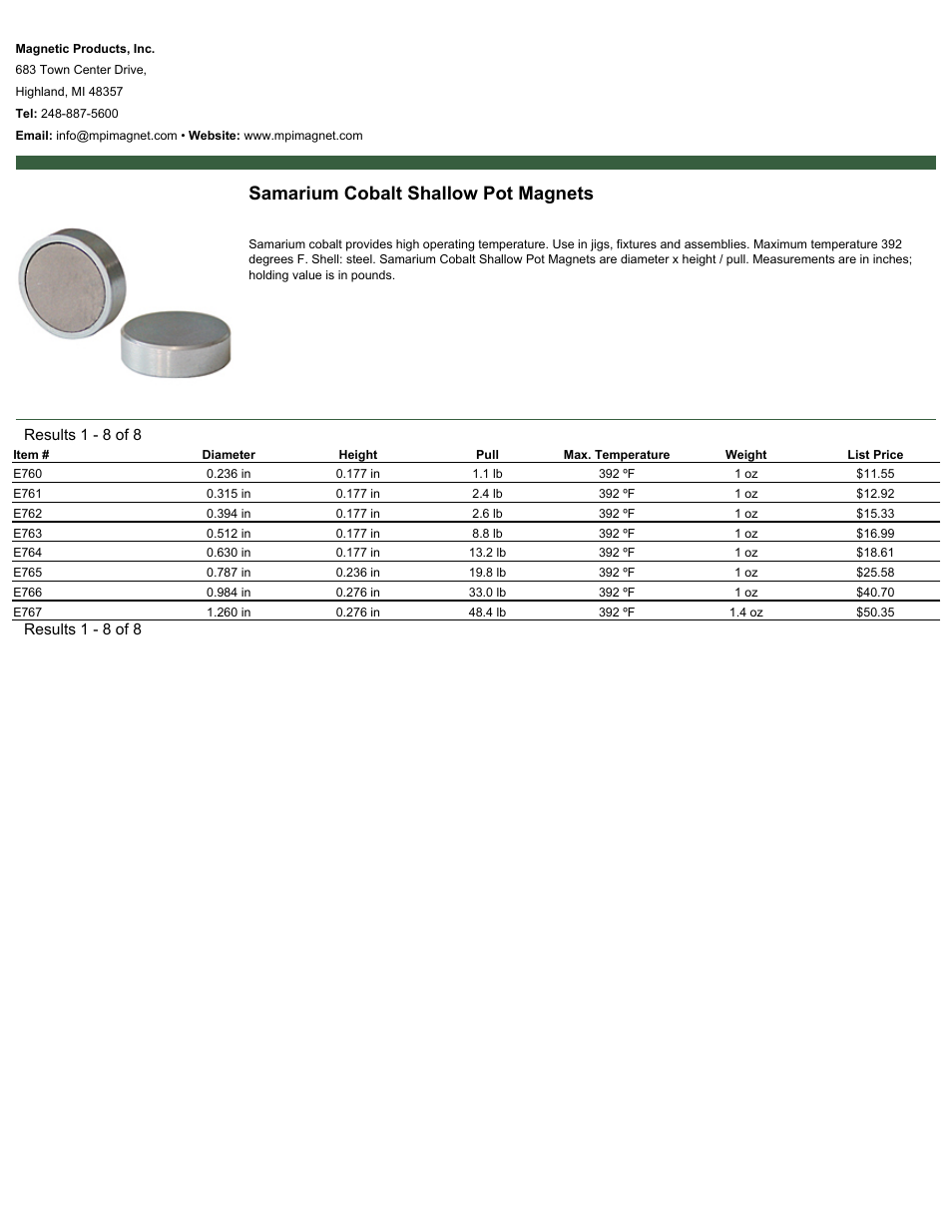 Magnetic Products Samarium Cobalt Shallow Pot Magnets User Manual | 1 page