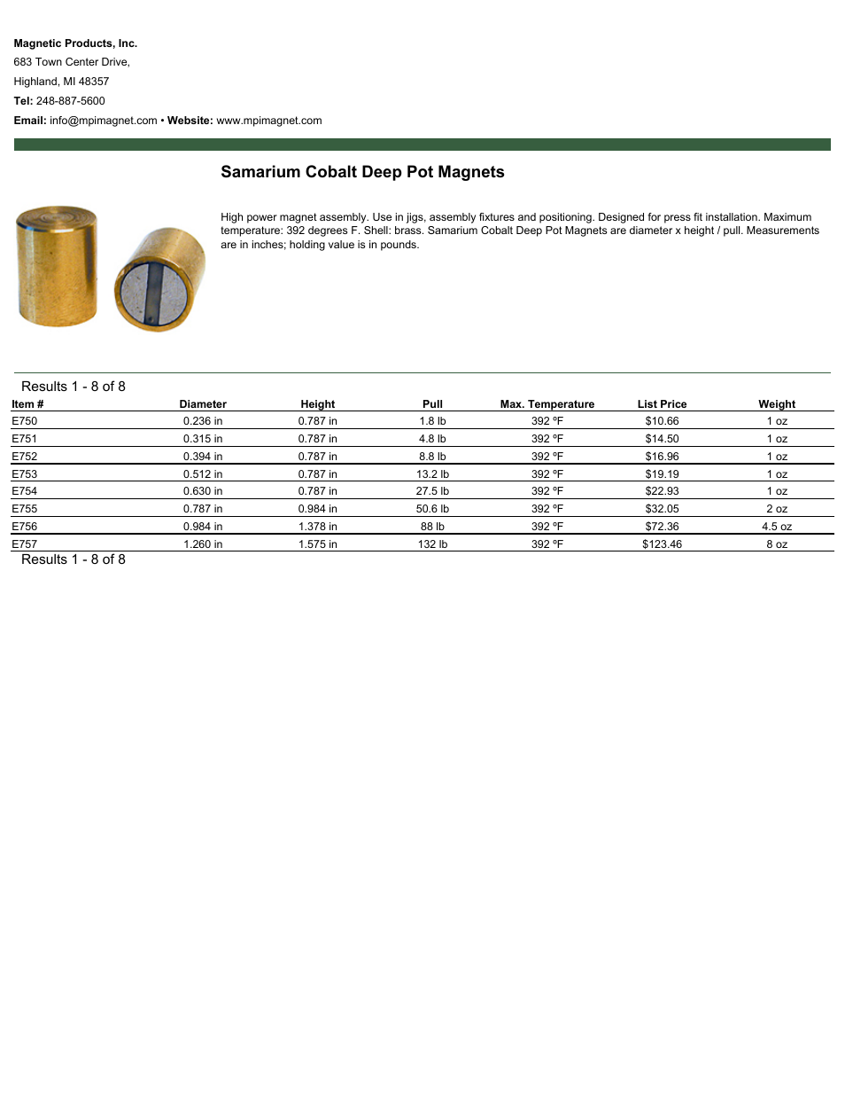 Magnetic Products Samarium Cobalt Deep Pot Magnets User Manual | 1 page