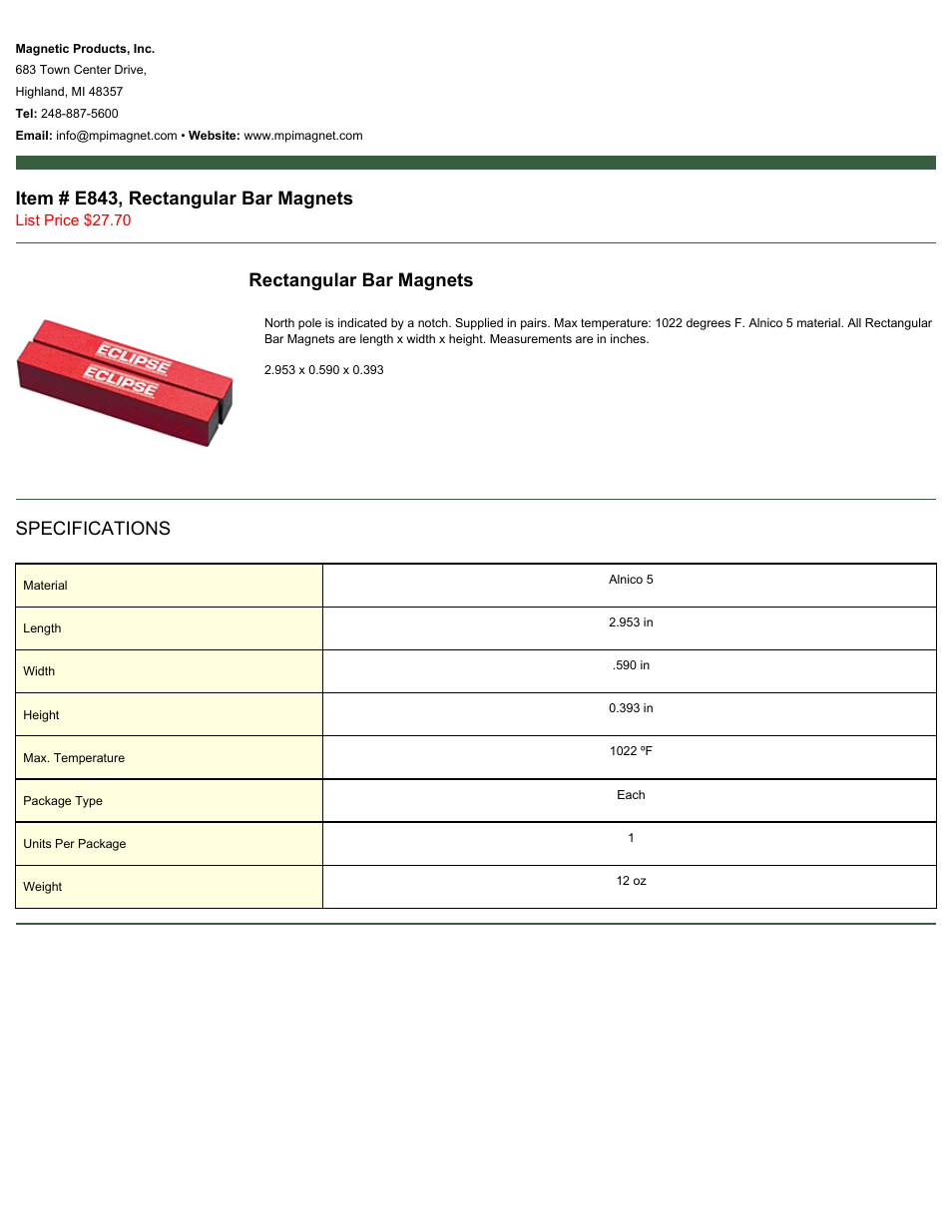 Magnetic Products E843 User Manual | 1 page