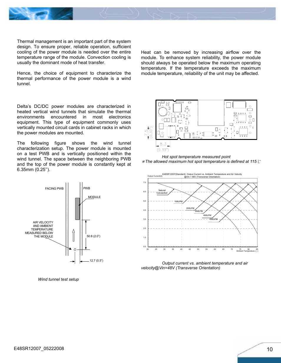 Thermal considerations, Thermal curves, Thermal testing setup | Thermal derating | Delta Electronics E48SR12007 User Manual | Page 10 / 15