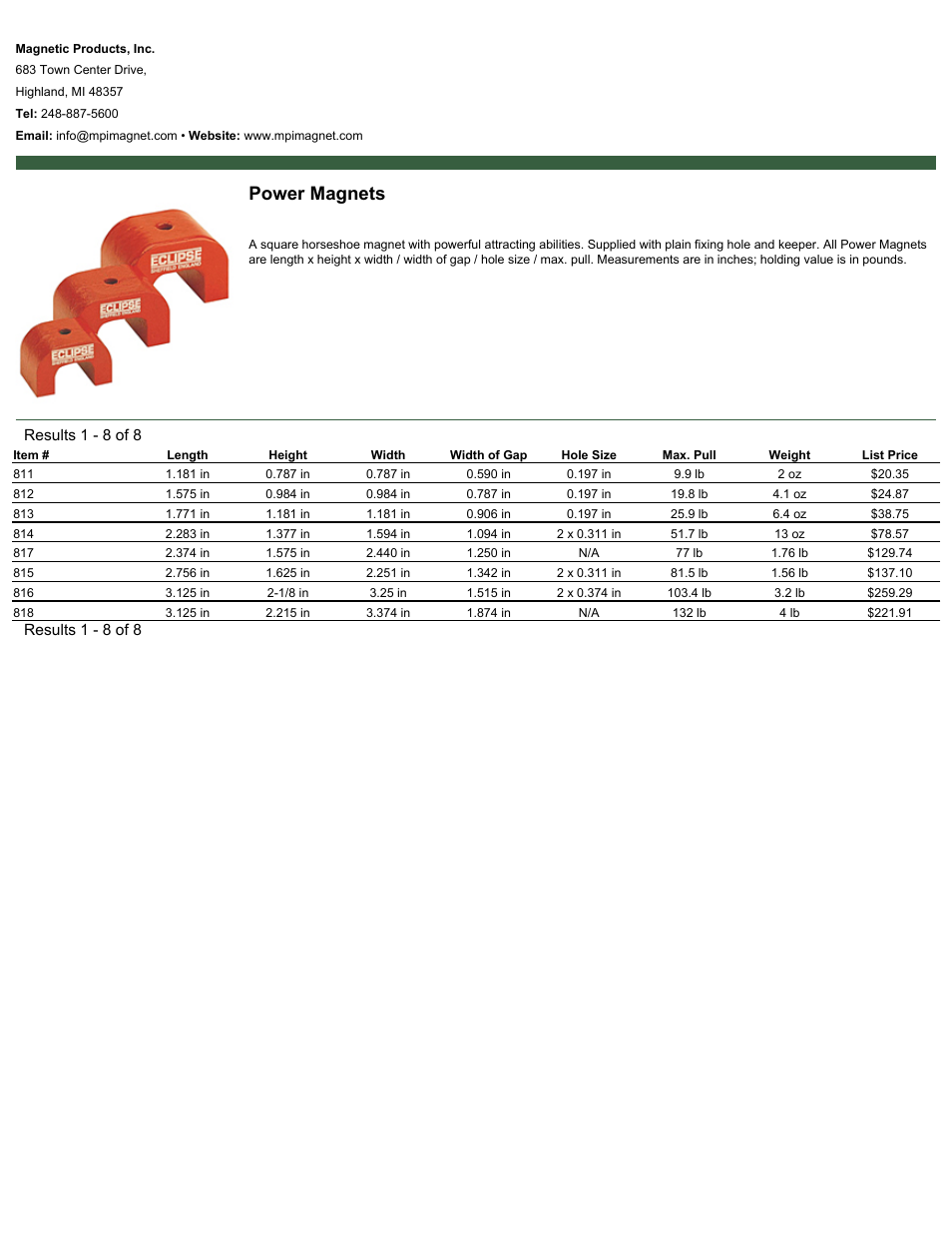 Magnetic Products Power Magnets User Manual | 1 page