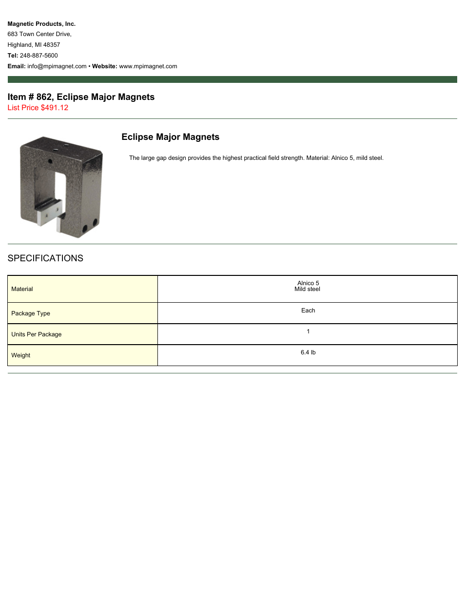 Magnetic Products 862 Eclipse Major Magnets User Manual | 1 page