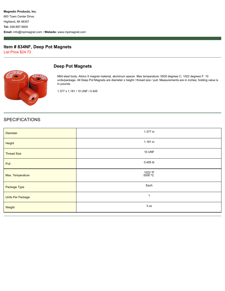 Magnetic Products 834NF Deep Pot Magnets User Manual | 1 page