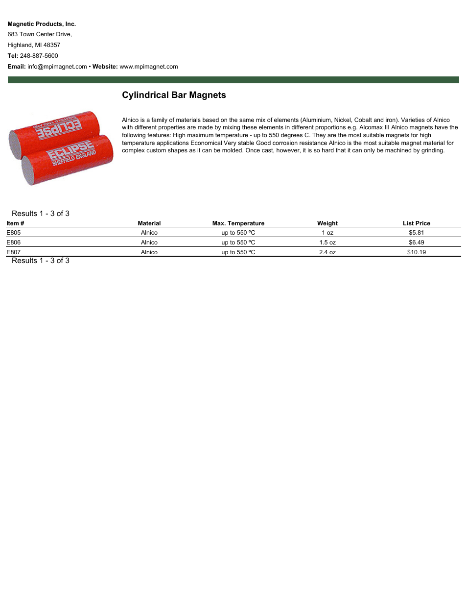 Magnetic Products Cylindrical Bar Magnets User Manual | 1 page