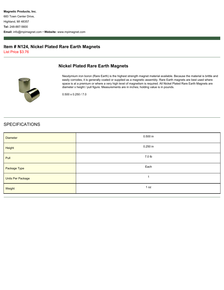 Magnetic Products N124 User Manual | 1 page