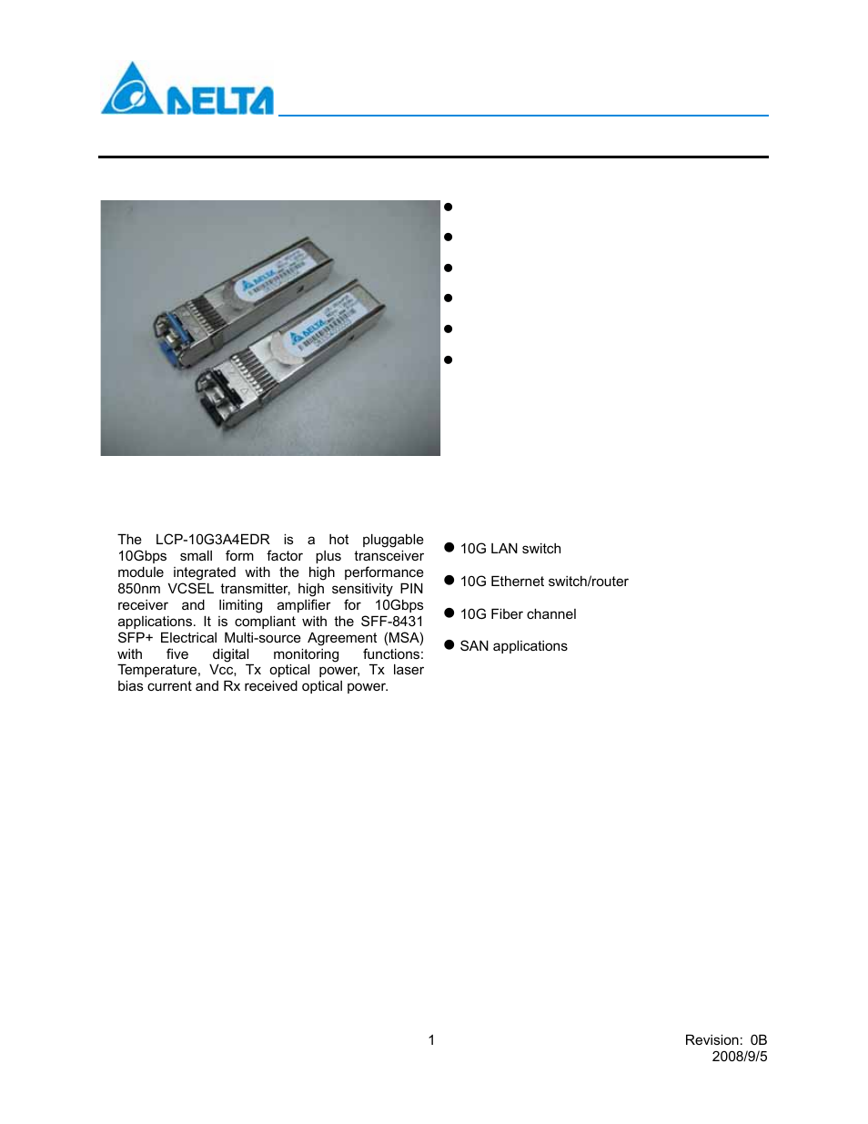 Delta Electronics 10GBASE-SR SFP+ Optical Transceiver LCP-10G3A4EDR User Manual | 16 pages