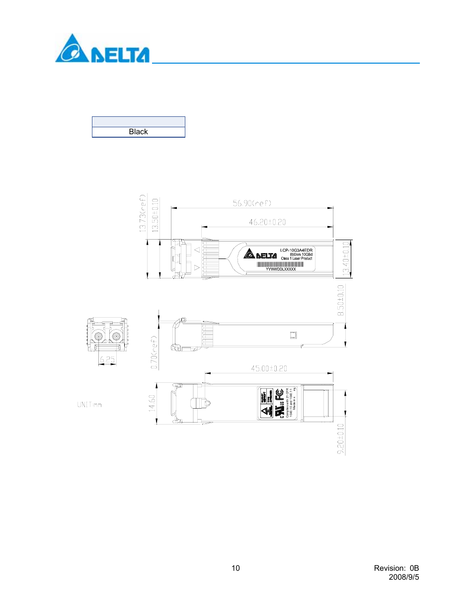 Timing parameters for sfp+ management, Lcp-10g3a4edr, Latch color identifier black | Delta electronics, inc | Delta Electronics 10GBASE-SR SFP+ Optical Transceiver LCP-10G3A4EDR User Manual | Page 10 / 16