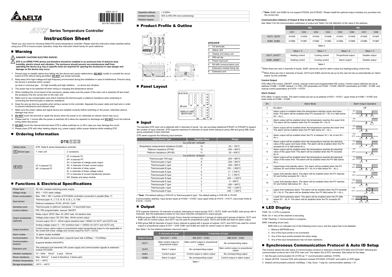 Delta Electronics Temperature Controller DTE User Manual | 2 pages