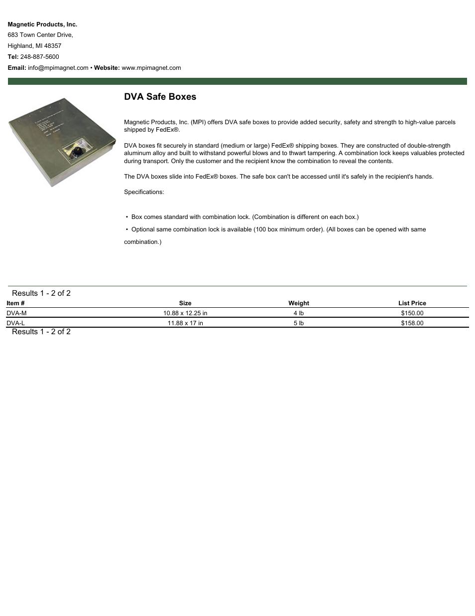 Magnetic Products DVA Safe Boxes User Manual | 1 page