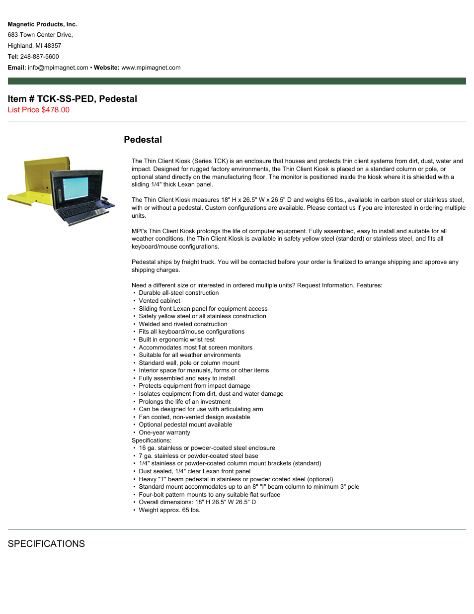 Magnetic Products TCK-SS-PED User Manual | 2 pages