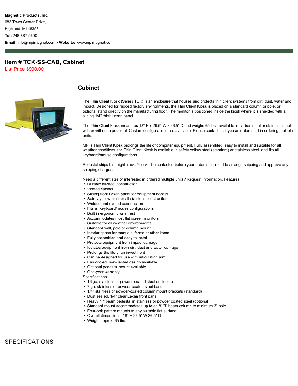 Magnetic Products TCK-SS-CAB User Manual | 2 pages