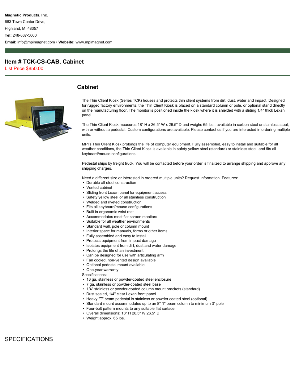 Magnetic Products TCK-CS-CAB User Manual | 2 pages