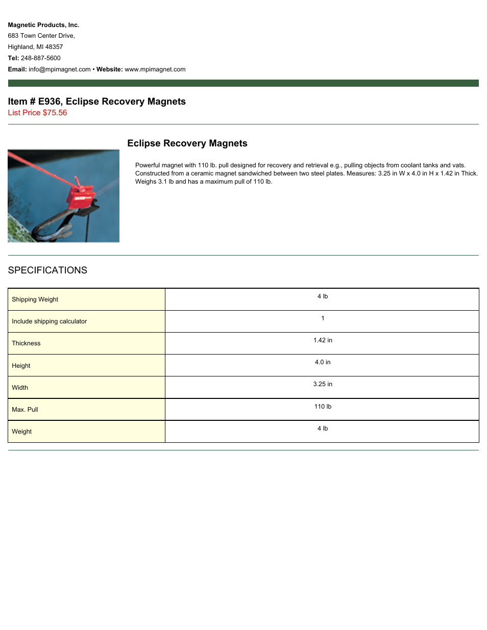 Magnetic Products E936 User Manual | 1 page