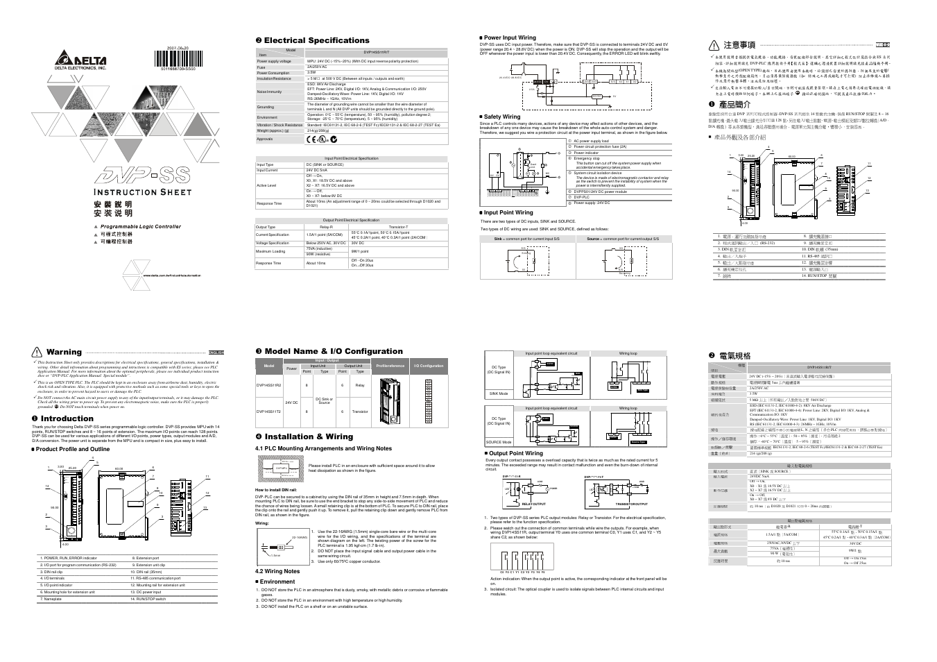 Delta Electronics Programmable Logic Controller DVP-SS User Manual | 2 pages