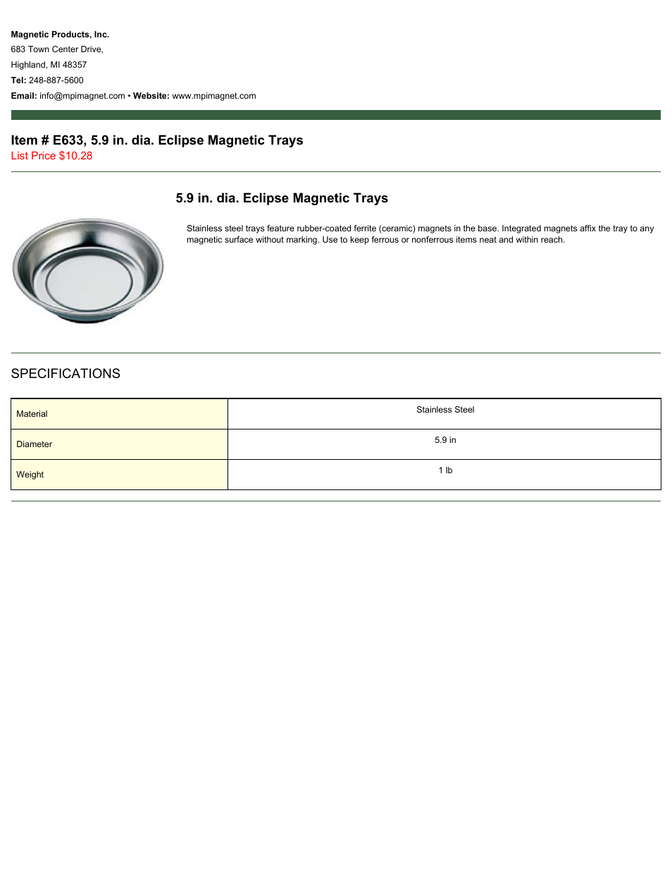 Magnetic Products E633 User Manual | 1 page
