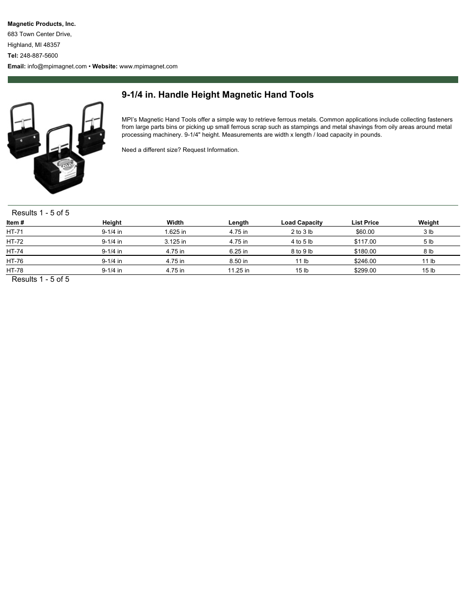 Magnetic Products 9-1/4 in. Handle Height Magnetic Hand Tools User Manual | 1 page