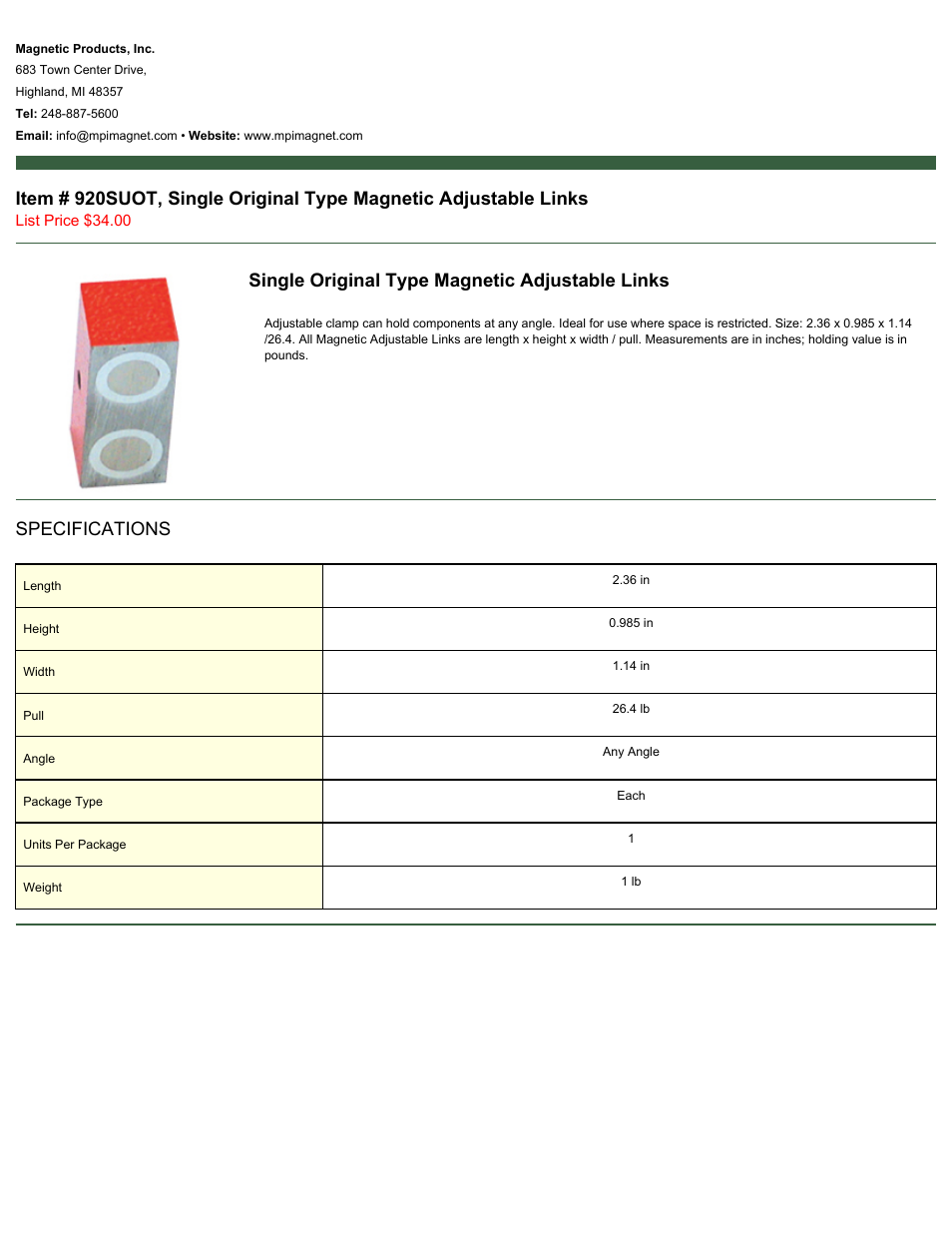Magnetic Products 920SUOT User Manual | 1 page