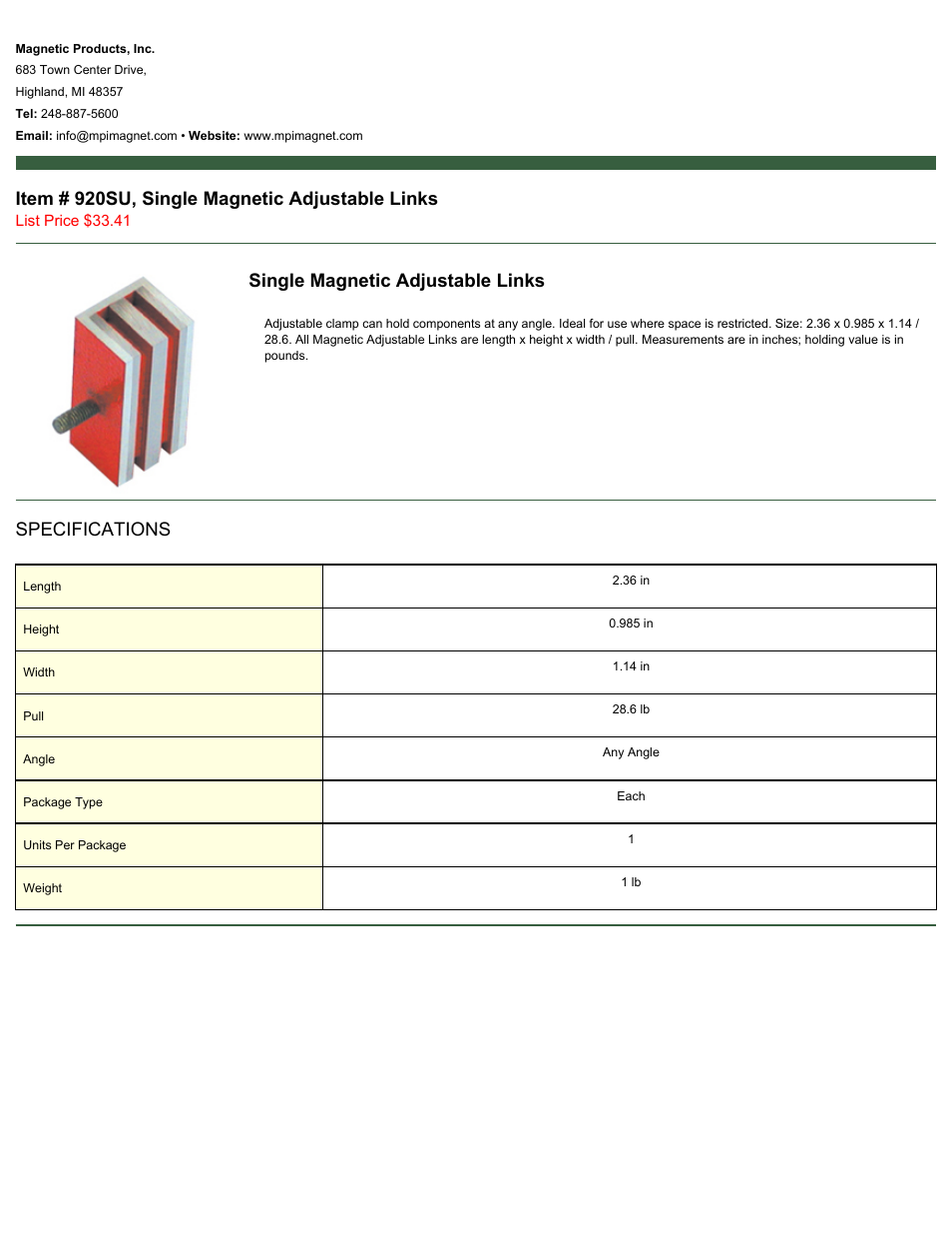 Magnetic Products 920SU User Manual | 1 page