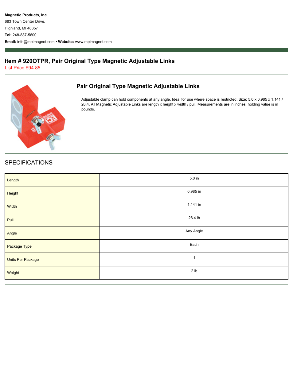 Magnetic Products 920OTPR User Manual | 1 page