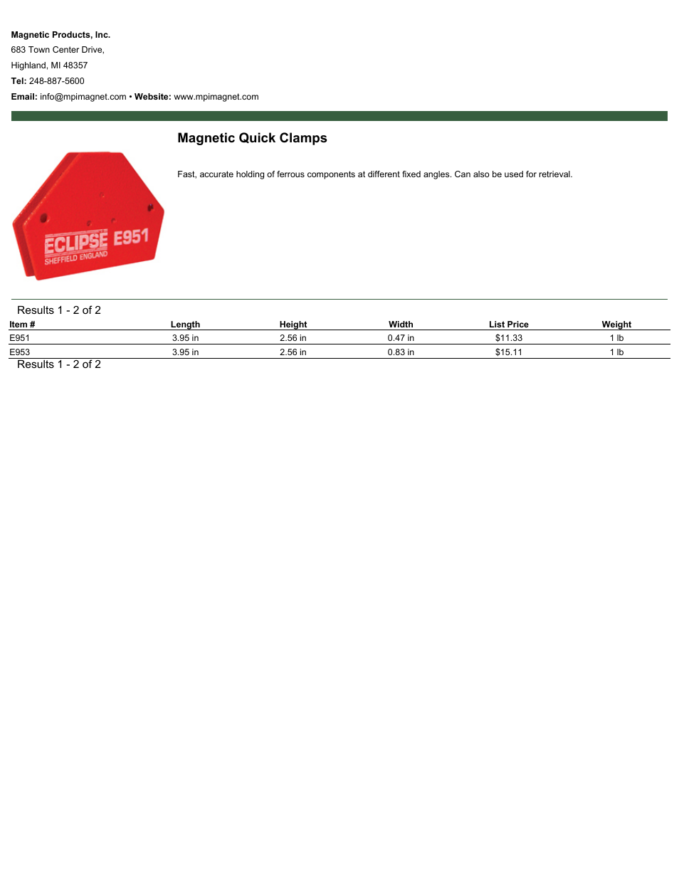 Magnetic Products Magnetic Quick Clamps User Manual | 1 page