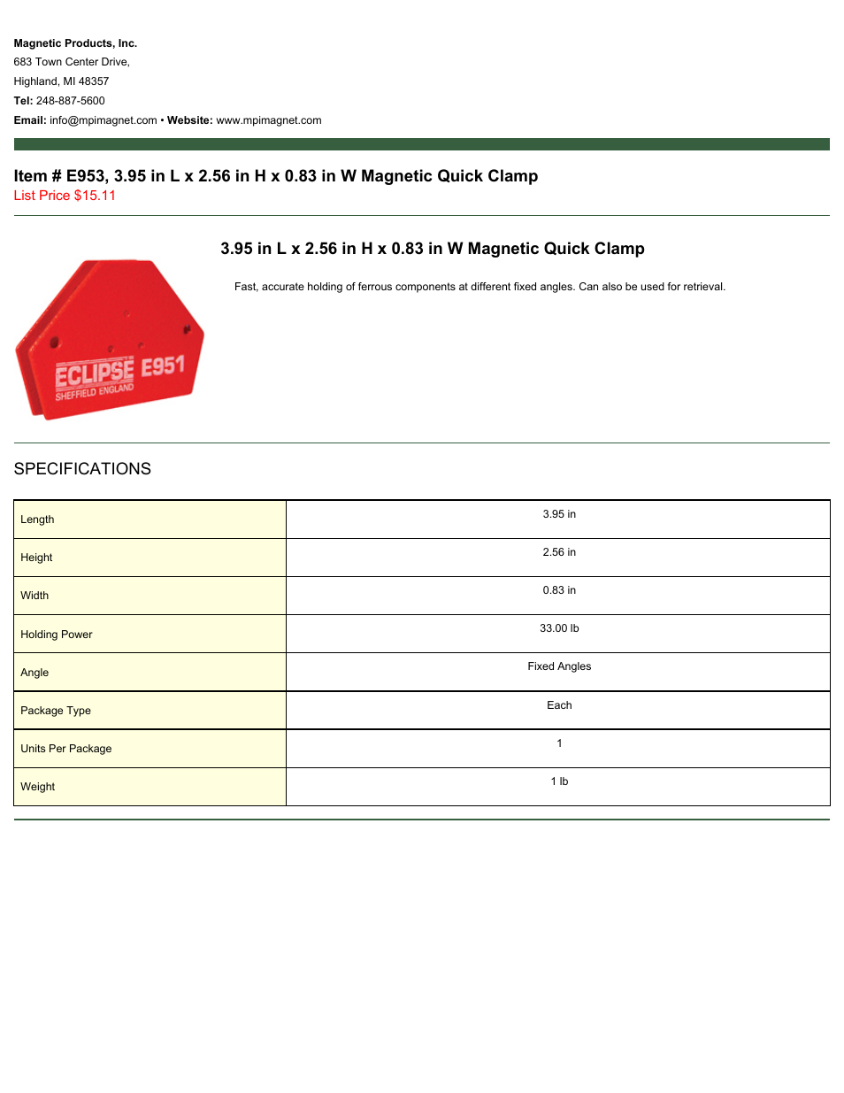 Magnetic Products E953 User Manual | 1 page