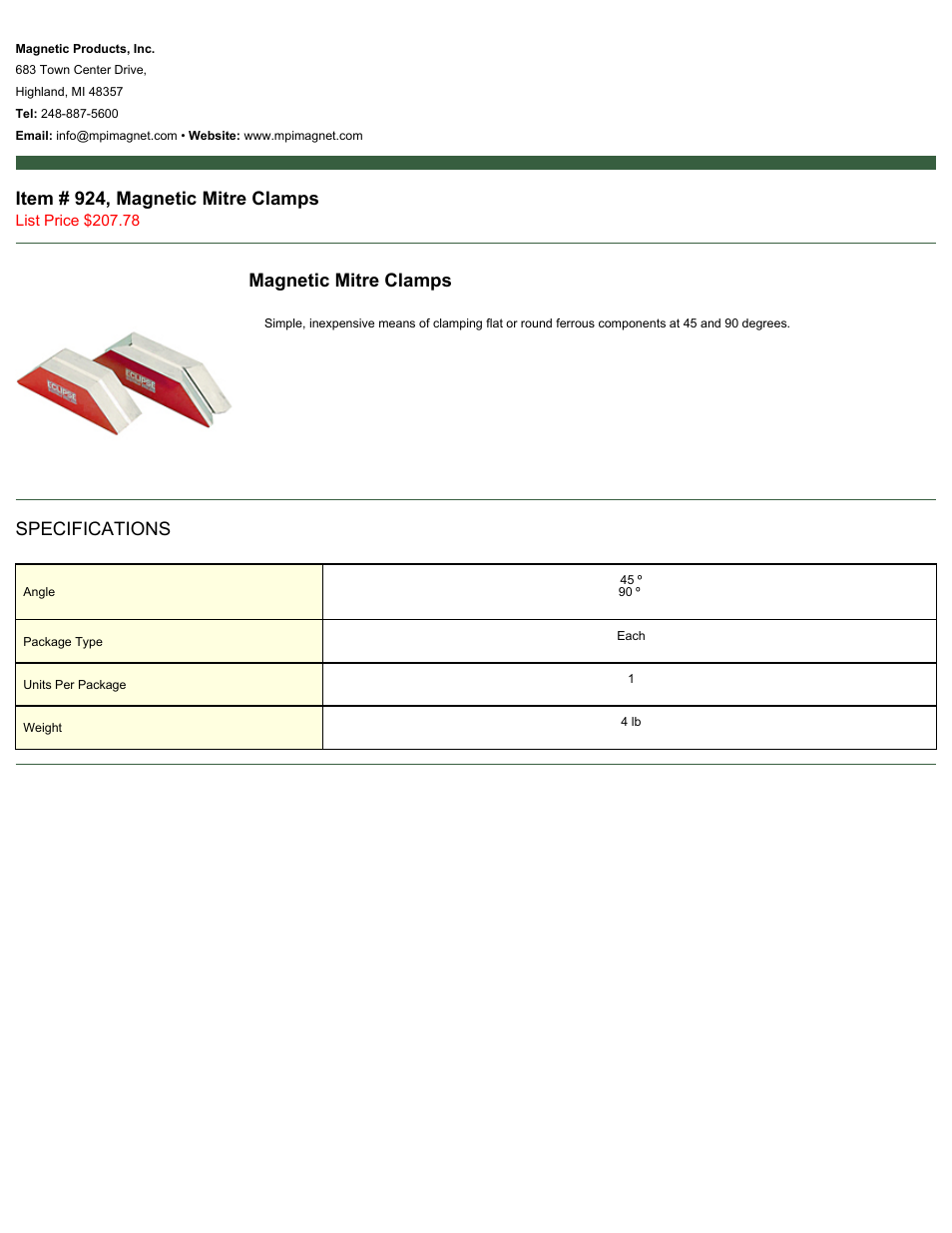 Magnetic Products 924, Magnetic Mitre Clamps User Manual | 1 page