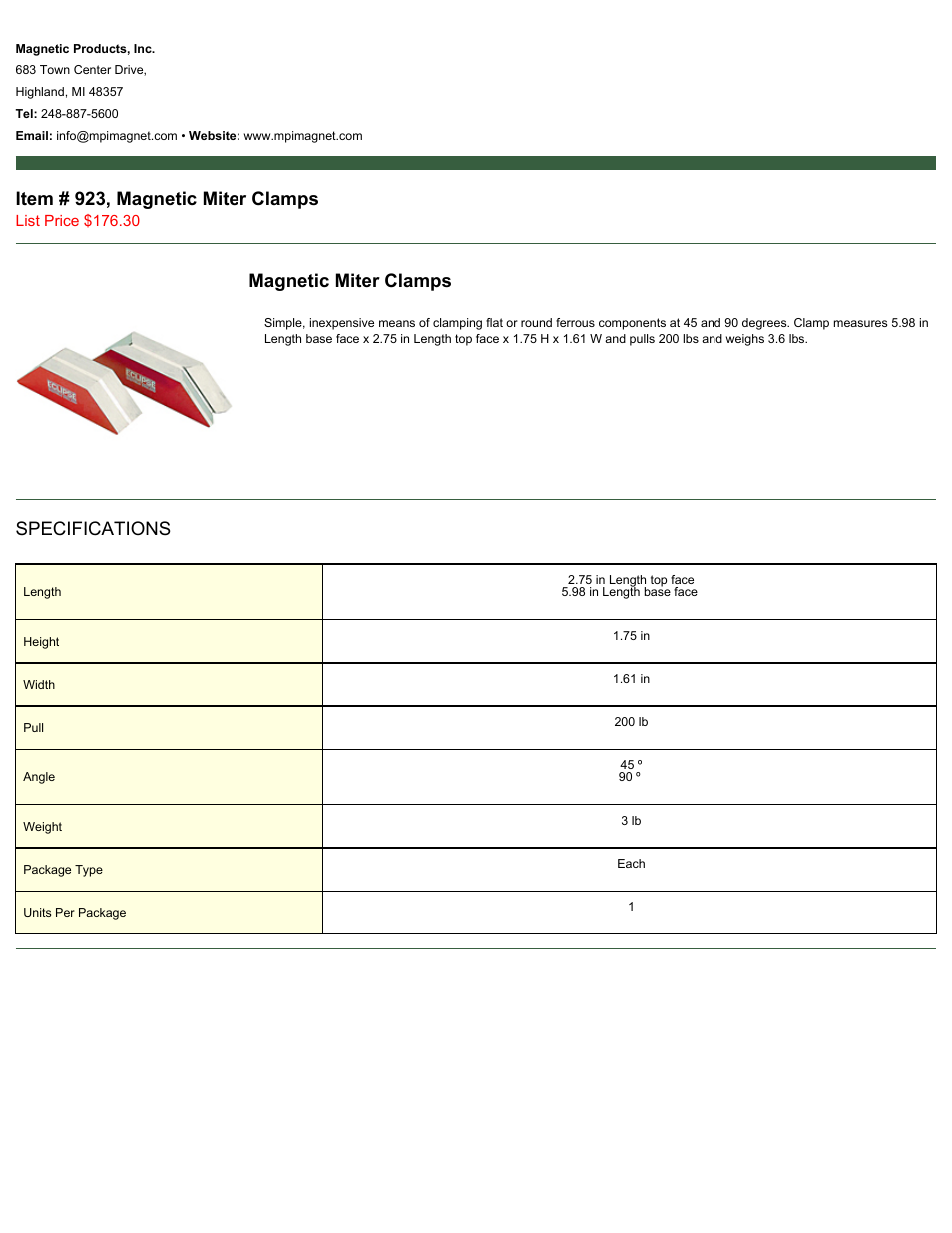 Magnetic Products 923, Magnetic Miter Clamps User Manual | 1 page