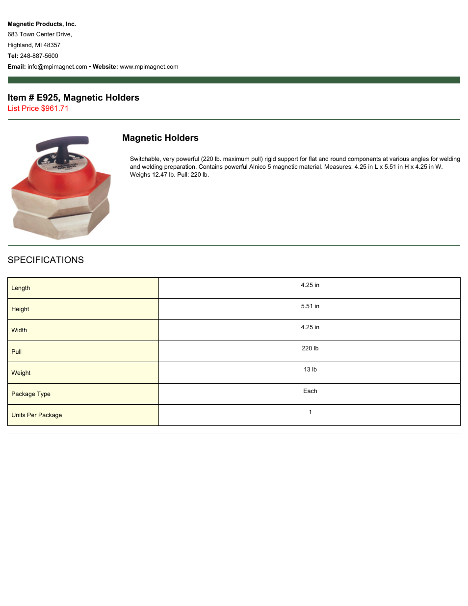 Magnetic Products E925 User Manual | 1 page