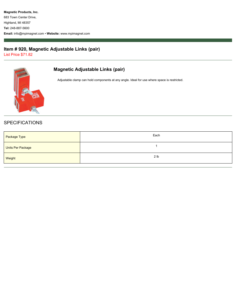 Magnetic Products 920, Magnetic Adjustable Links (pair) User Manual | 1 page