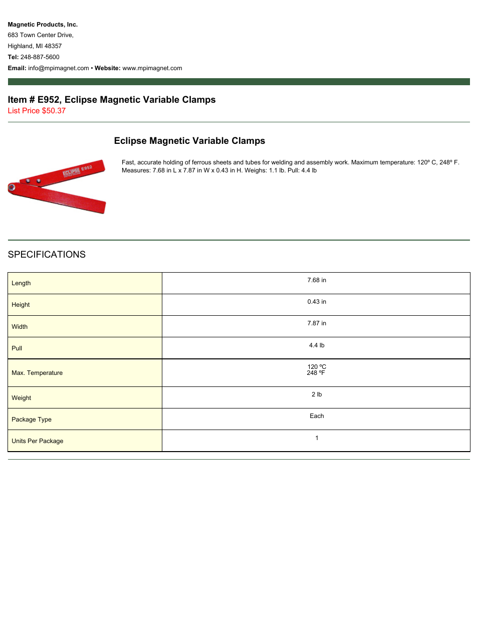 Magnetic Products E952 User Manual | 1 page