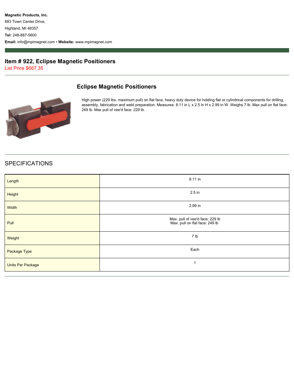 Magnetic Products 922, Eclipse Magnetic Positioners User Manual | 1 page