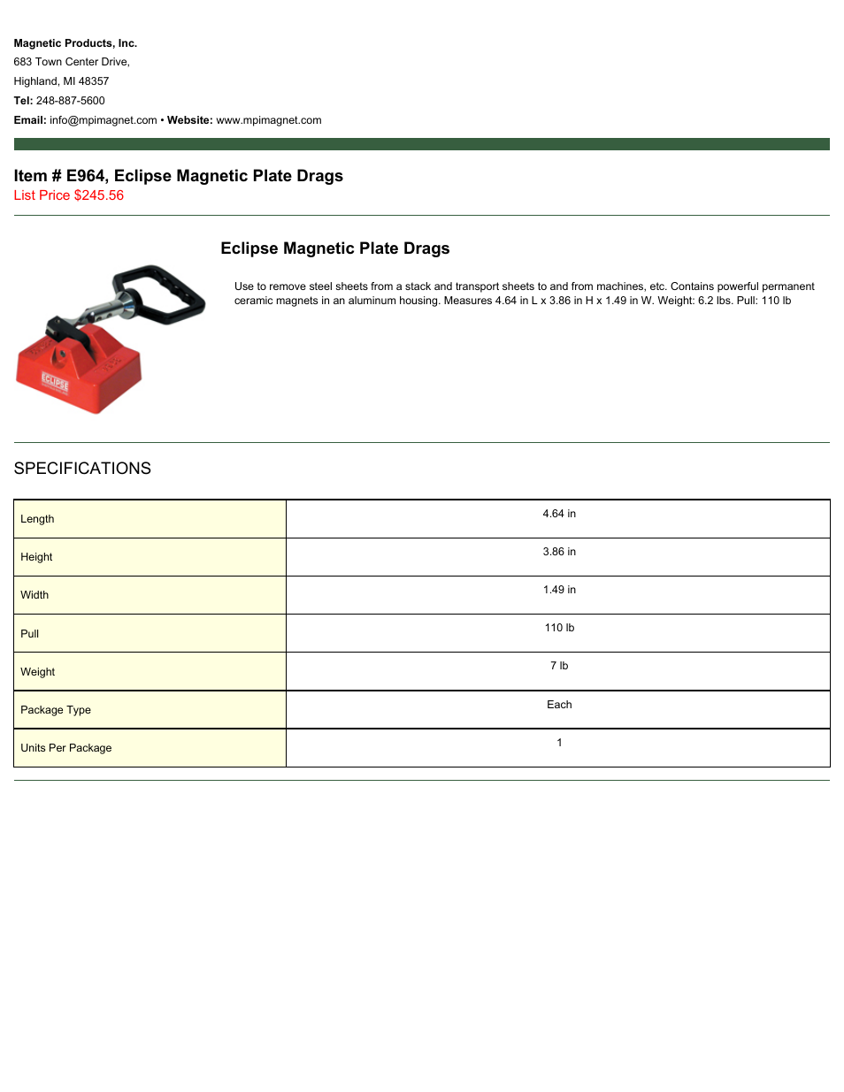 Magnetic Products E964 User Manual | 1 page