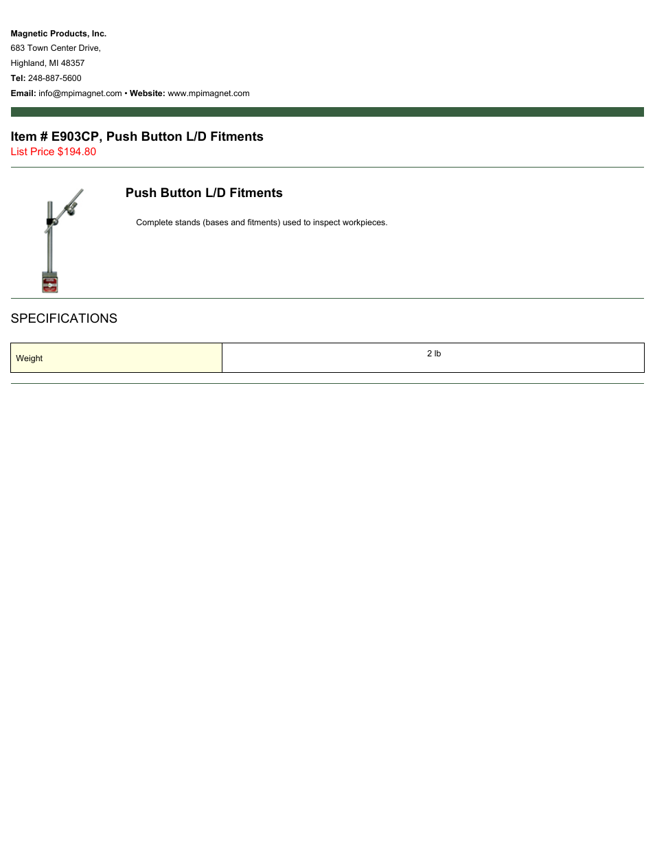 Magnetic Products E903CP User Manual | 1 page