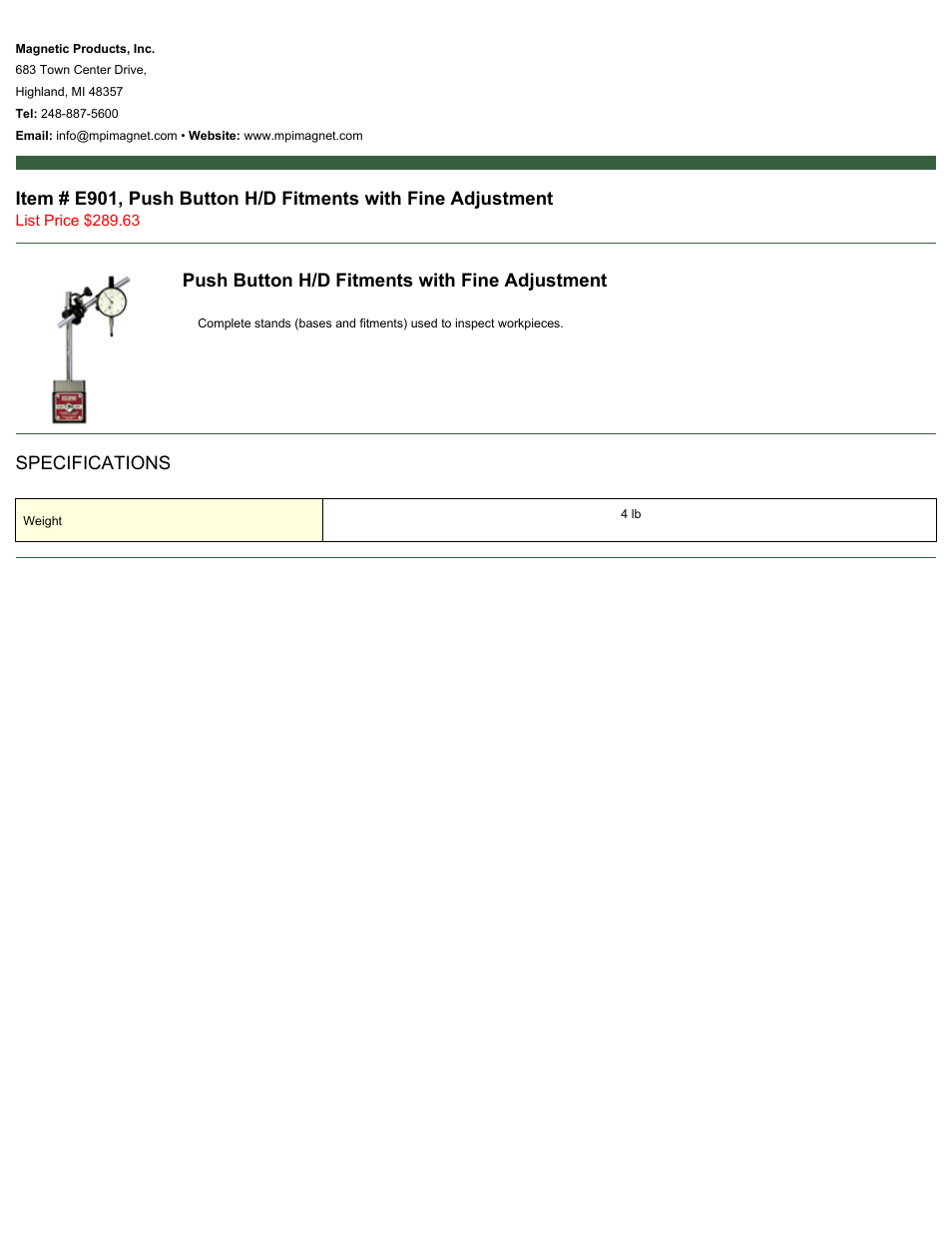 Magnetic Products E901 User Manual | 1 page