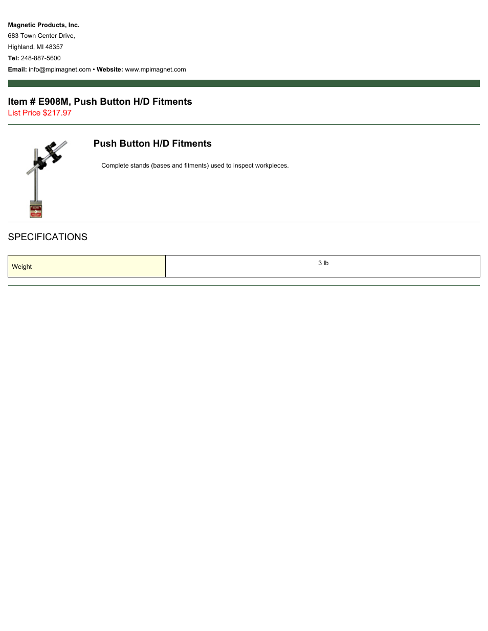 Magnetic Products E908M User Manual | 1 page