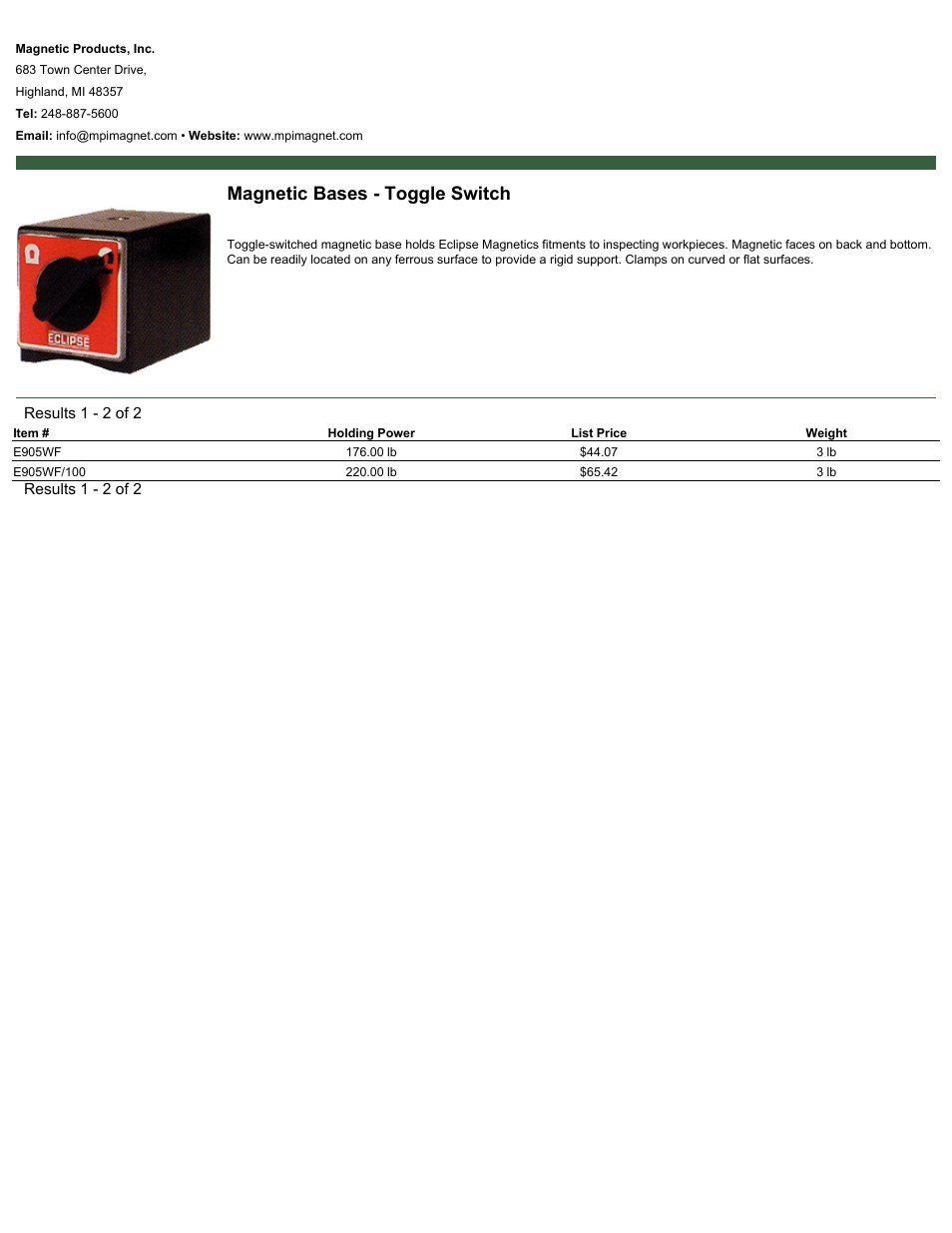 Magnetic Products Magnetic Bases - Toggle Switch User Manual | 1 page