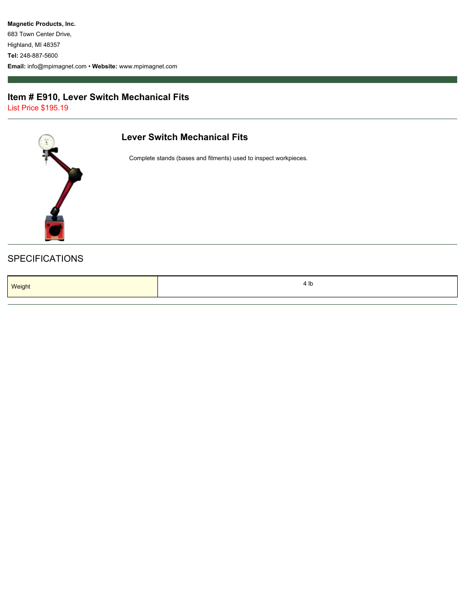 Magnetic Products E910 User Manual | 1 page