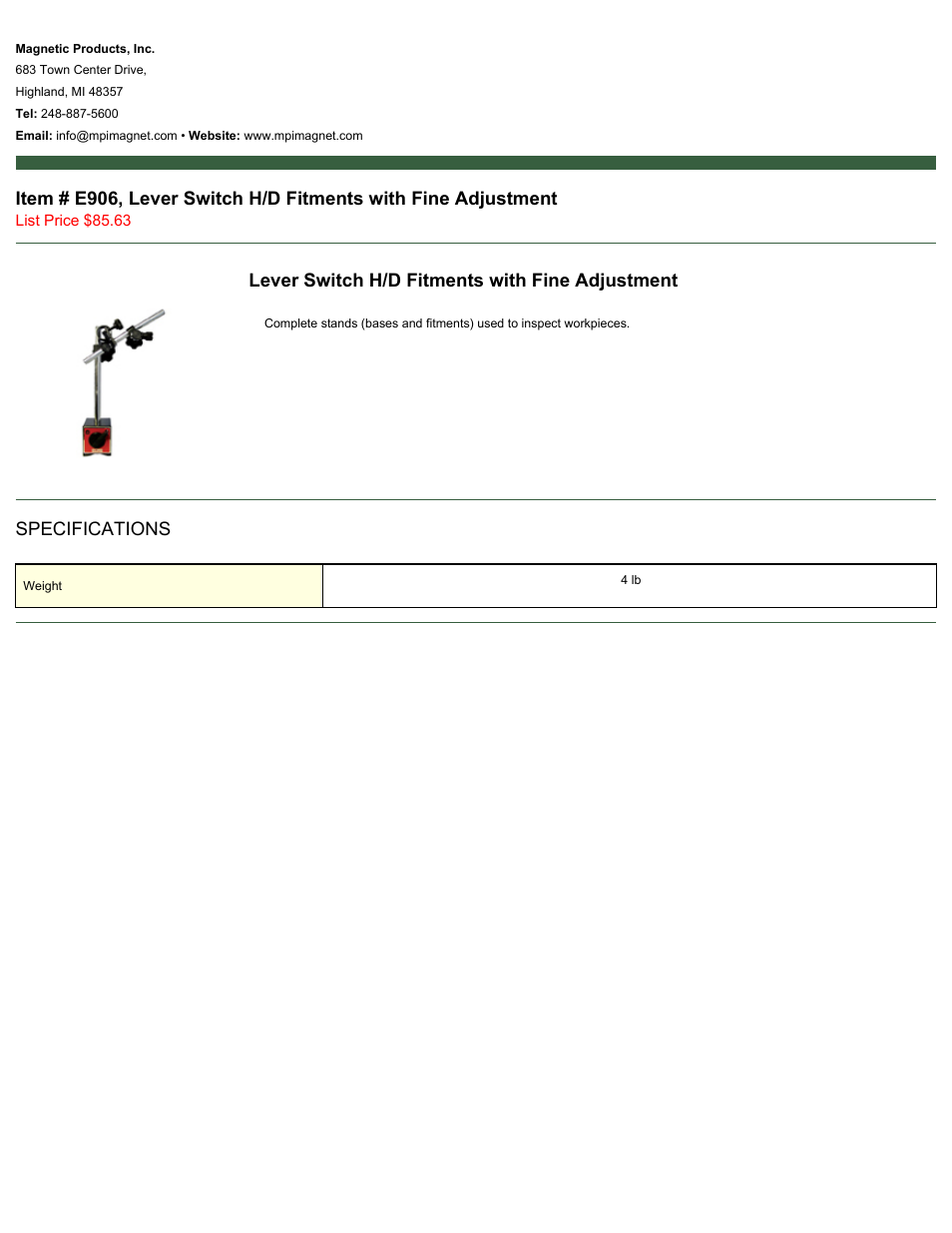 Magnetic Products E906 User Manual | 1 page