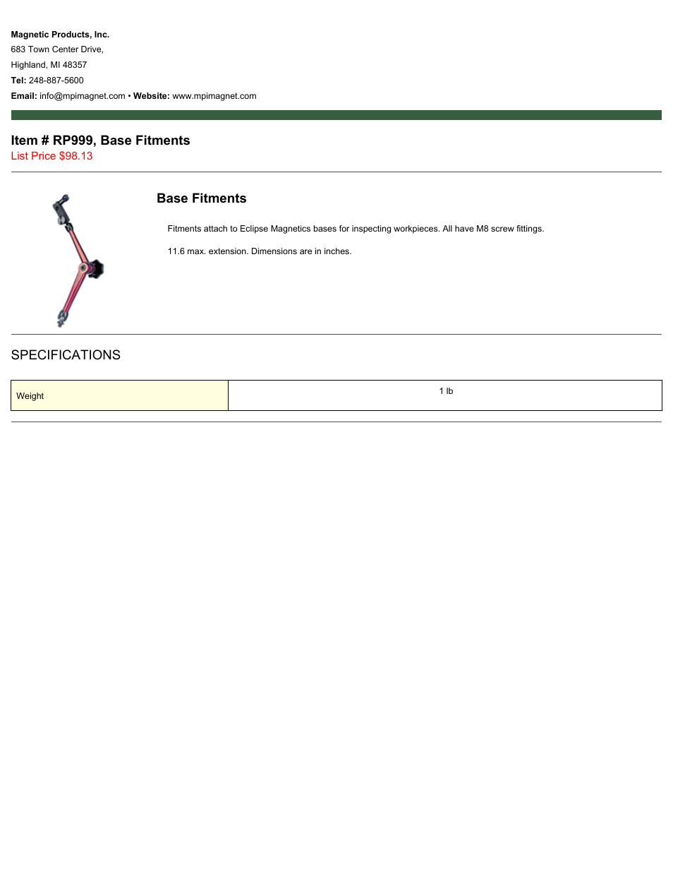 Magnetic Products RP999 User Manual | 1 page