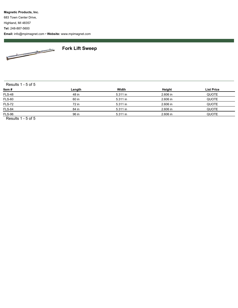 Magnetic Products Fork Lift Sweep User Manual | 1 page