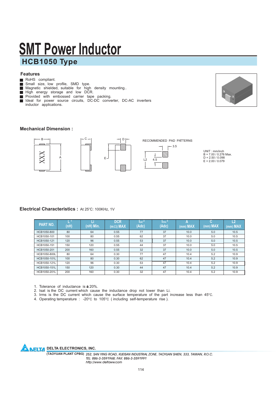 Delta Electronics SMT Power Inductor HCB1050 User Manual | 1 page