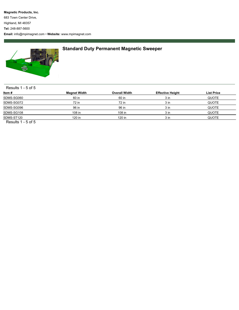 Magnetic Products Standard Duty Permanent Magnetic Sweeper User Manual | 1 page