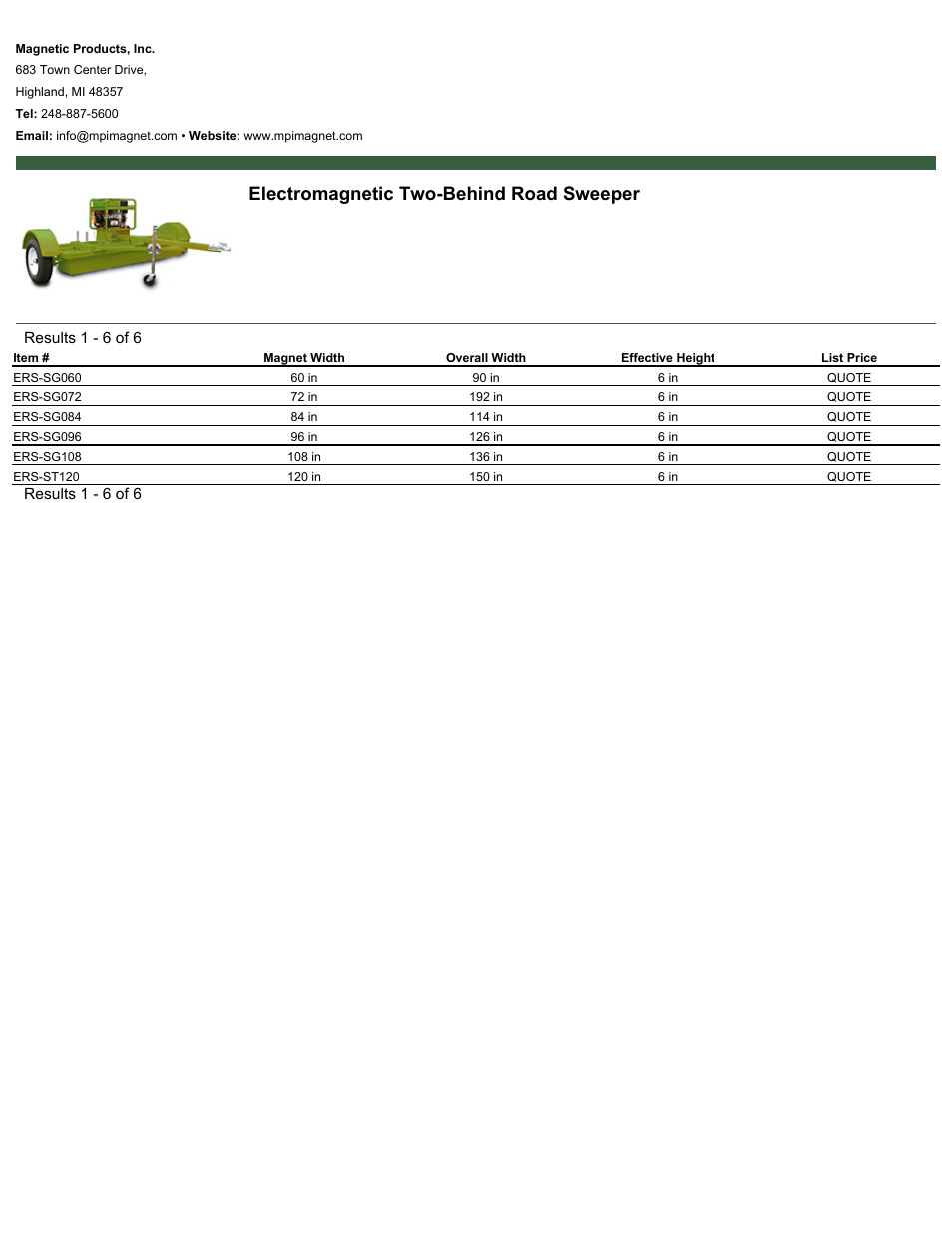 Magnetic Products Electromagnetic Two-Behind Road Sweeper User Manual | 1 page