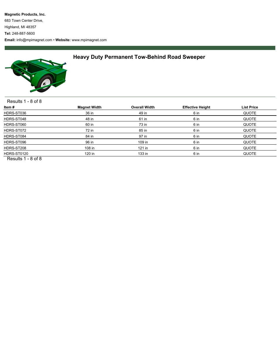 Magnetic Products Heavy Duty Permanent Tow-Behind Road Sweeper User Manual | 1 page