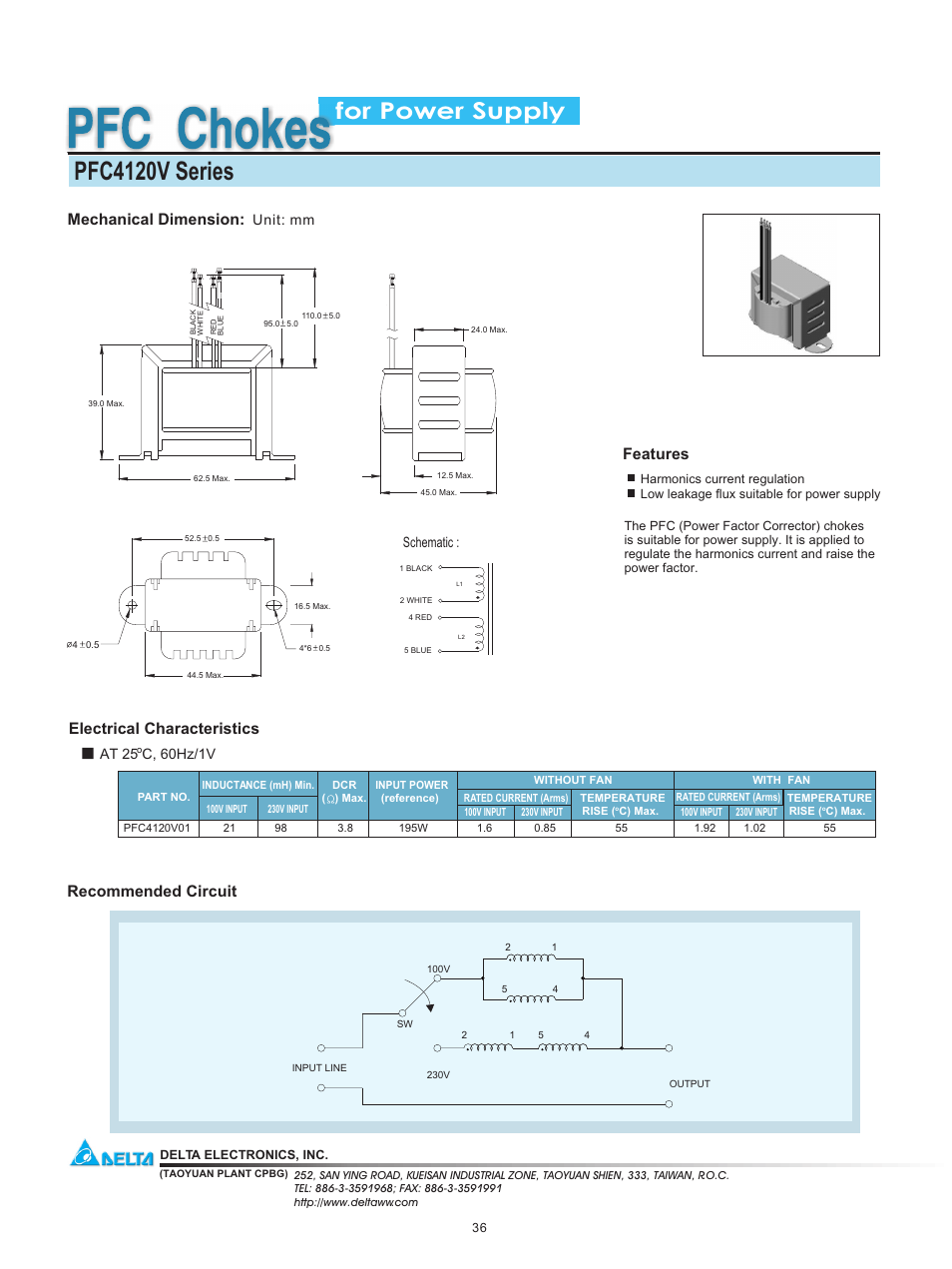 Delta Electronics PFC Chokes PFC4120V Series User Manual | 1 page
