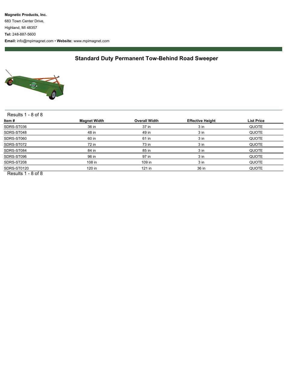 Magnetic Products Standard Duty Permanent Tow-Behind Road Sweeper User Manual | 1 page